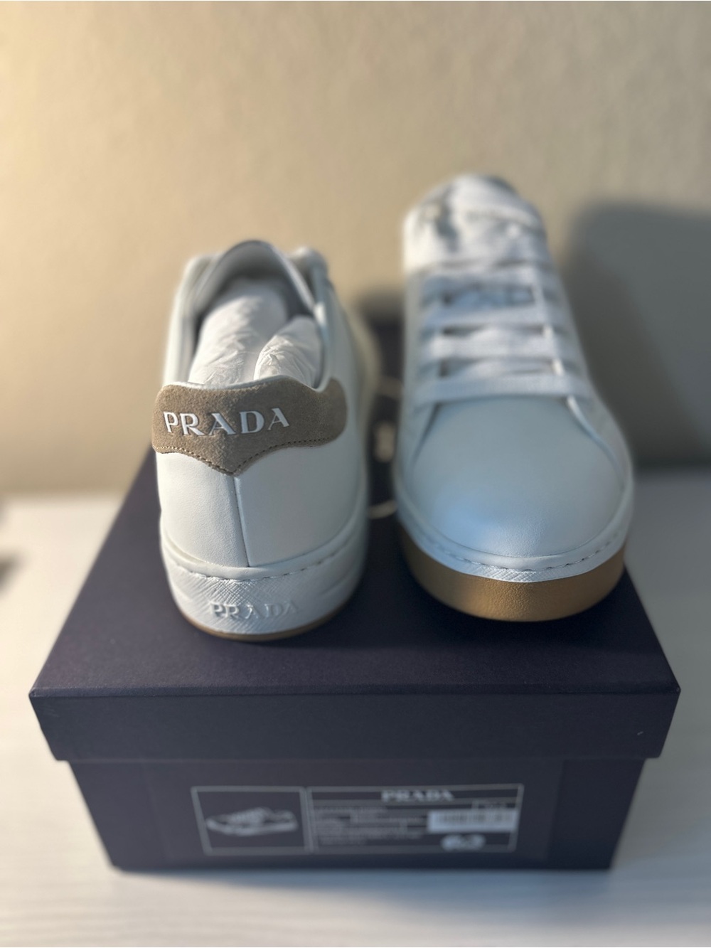 Prada White Leather Women’s Sneakers with Tan Sole and Gray Heel Tab - Picture 5 of 5